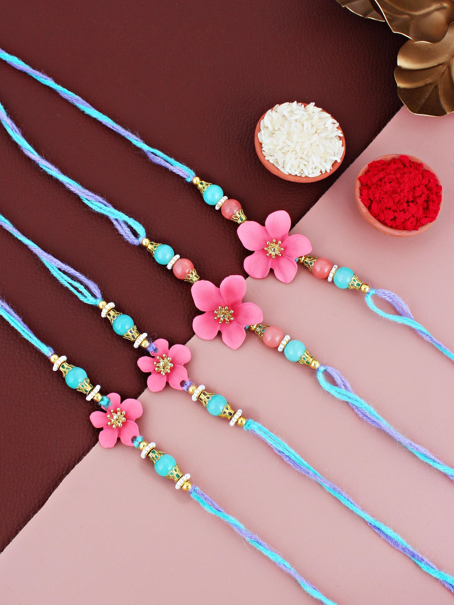 Lucky Jewellery Designer Pink Color Floral Rakhi - Rakshabandhan Rakhee Bracelet for Brother/Bhaiya/Bhai/Bhabhi - Pack of 4 (170-CHR1-1211-PK-4)