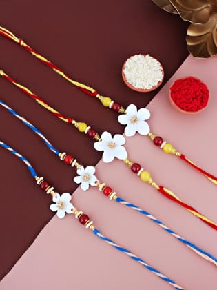 Lucky Jewellery Designer White Color Floral Rakhi - Rakshabandhan Rakhee Bracelet for Brother/Bhaiya/Bhai/Bhabhi - Pack of 4 (170-CHR1-1211-W-4)