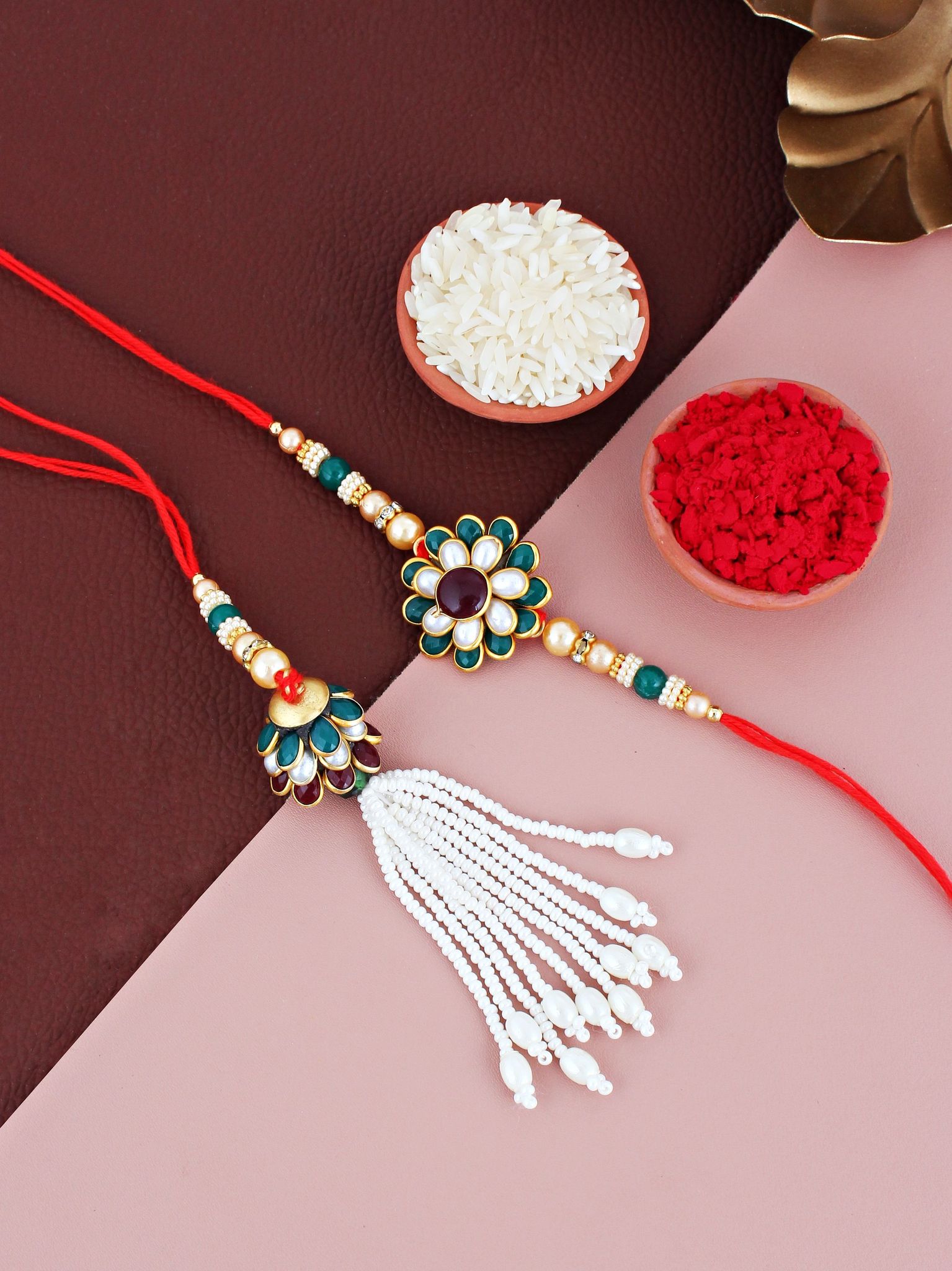 Lucky Jewellery Designer Gold Plated Maroon & Green Color Pachi Floral Rakhi - Rakshabandhan Rakhee with Pearl Lumba Bracelet for Brother/Bhaiya/Bhai/Bhabhi - Pack of 2 (173-JPCR1-1858-MG-2)