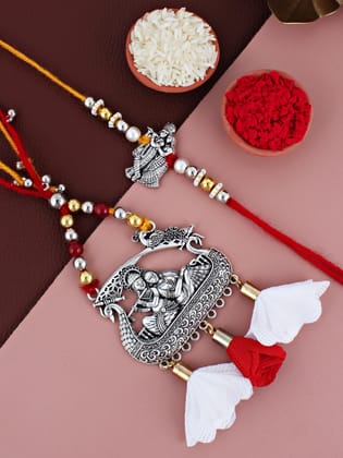 Lucky Jewellery Designer Oxidised Silver Religious Rakhi - Rakshabandhan Radha Krishna Rakhee with Lumba Bracelet for Brother/Bhaiya/Bhai/Bhabhi - Pack of 2 (182-JPCR1-1990-S-2)