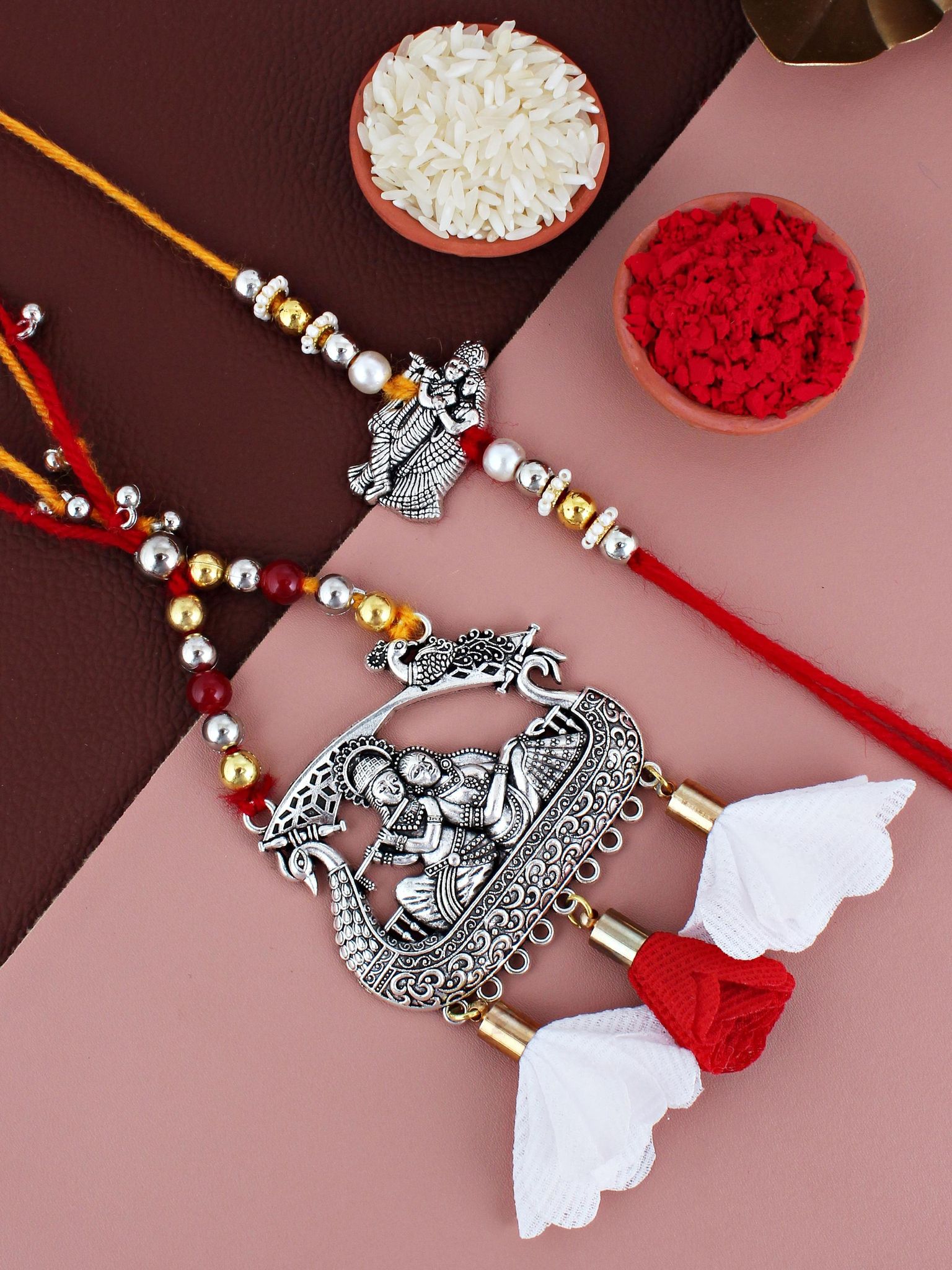 Lucky Jewellery Designer Oxidised Silver Religious Rakhi - Rakshabandhan Radha Krishna Rakhee with Lumba Bracelet for Brother/Bhaiya/Bhai/Bhabhi - Pack of 2 (182-JPCR1-1990-S-2)