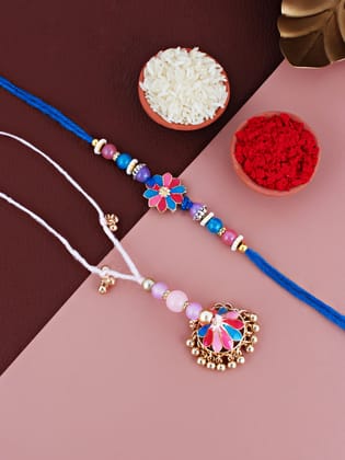 Lucky Jewellery Designer Gold Plated Pink & Turquoise Color Meenakari Rakhi - Rakshabandhan Rakhee with Tasseled Lumba Bracelet for Brother Bhaiya Bhai Bhabhi - Pack of 2 (240-CHCR1-1146-PKB-2)