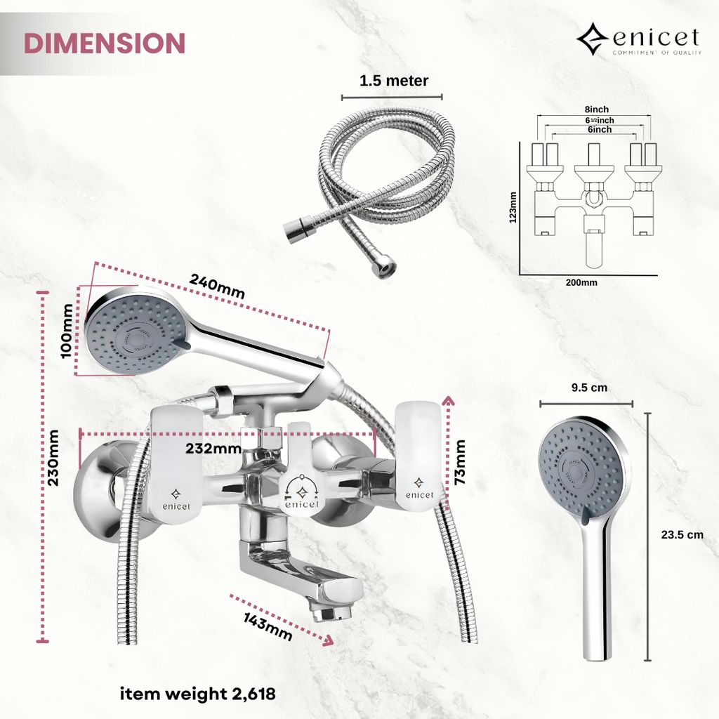 Enicet Brass Wall Mixer With Crutch For Handshower, Wall Mixer with Telephonic Shower, Chrome Plated, 3 Function Handshower