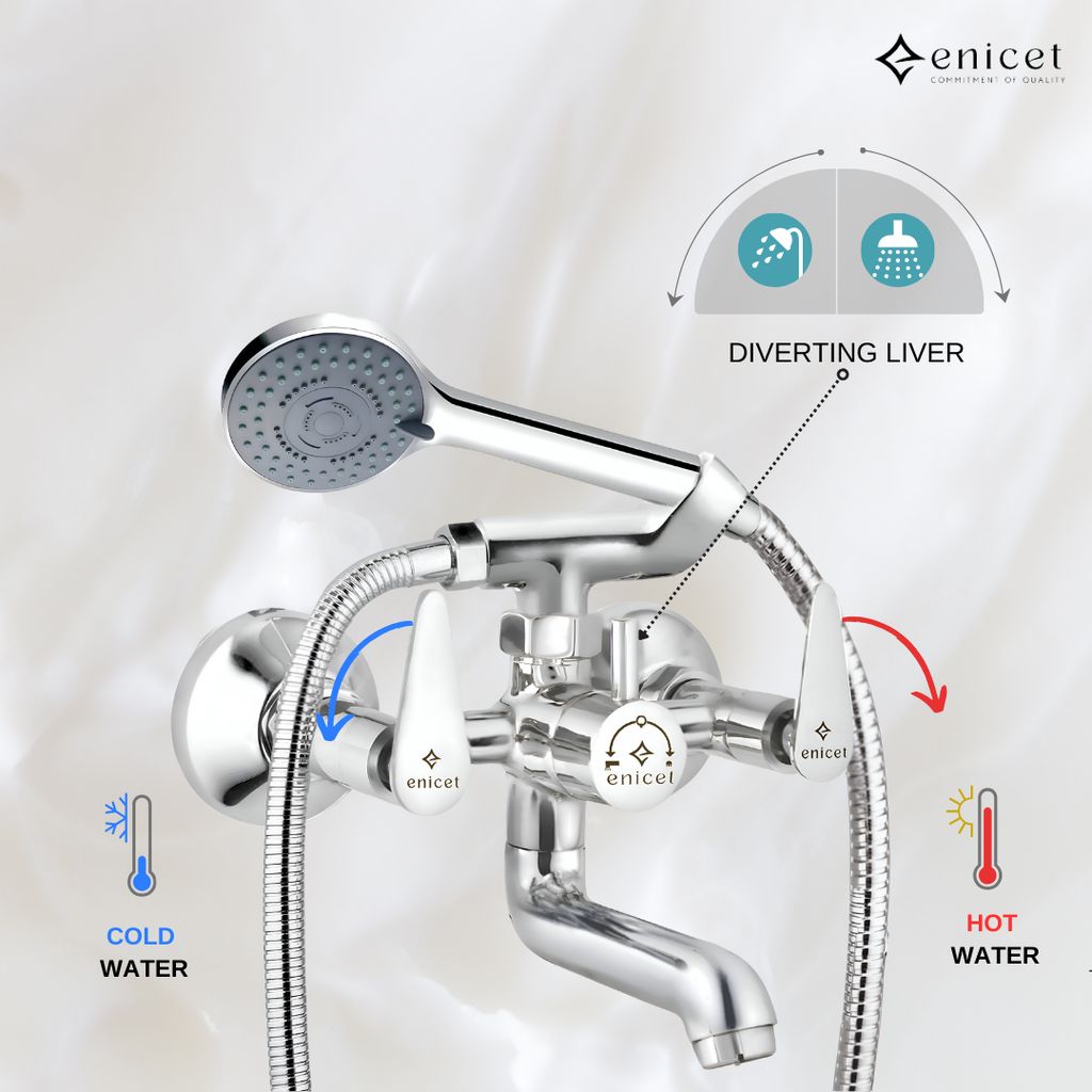 Enicet Brass Wall Mixer With Crutch For Handshower, Wall Mixer with Telephonic Shower, Chrome Plated, 3 Function Handshower