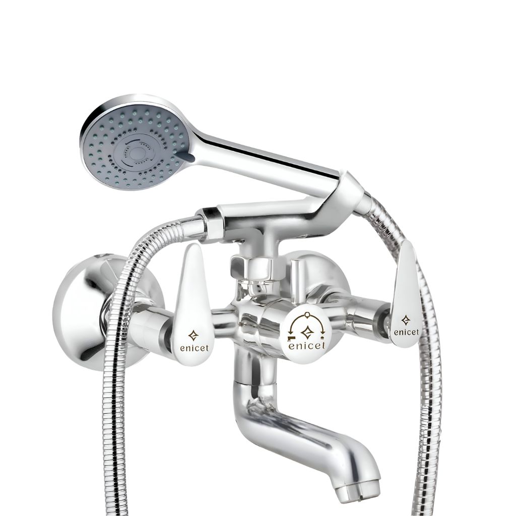 Enicet Brass Wall Mixer With Crutch For Handshower, Wall Mixer with Telephonic Shower, Chrome Plated, 3 Function Handshower