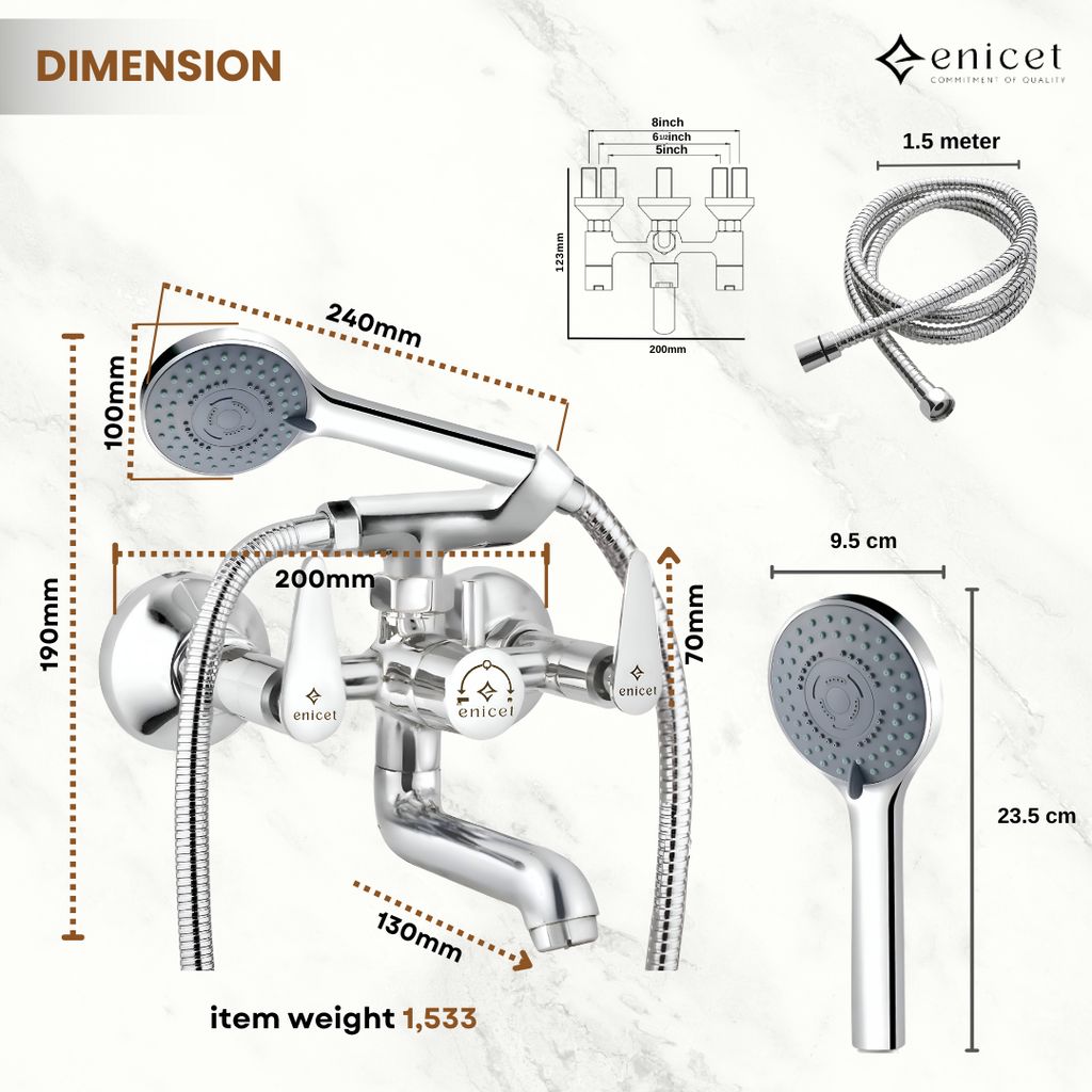 Enicet Brass Wall Mixer With Crutch For Handshower, Wall Mixer with Telephonic Shower, Chrome Plated, 3 Function Handshower