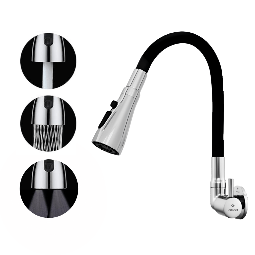 Enicet 3 Flow Sink Tap With Flexible Spout, Brass Build, Swinging Spout, Sink Tap for Kitchen