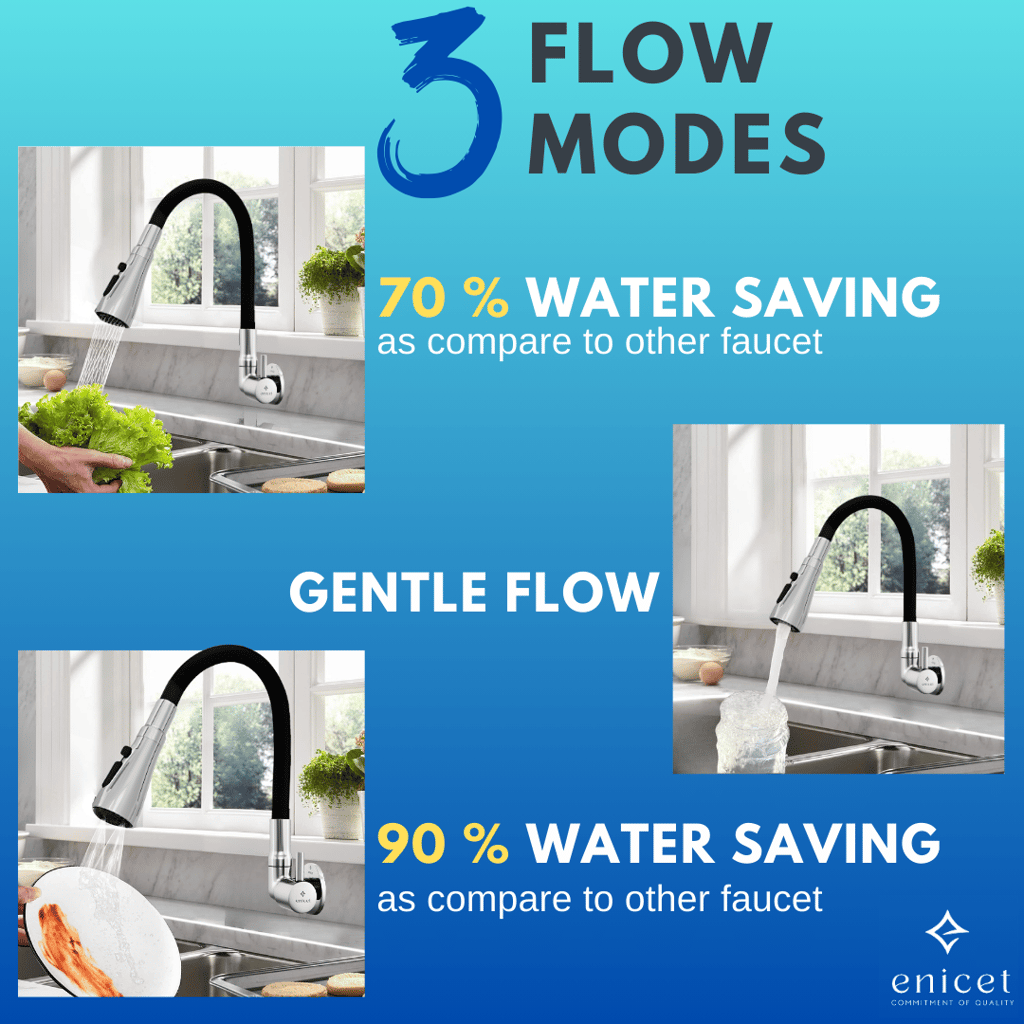 Enicet 3 Flow Sink Tap With Flexible Spout, Brass Build, Swinging Spout, Sink Tap for Kitchen