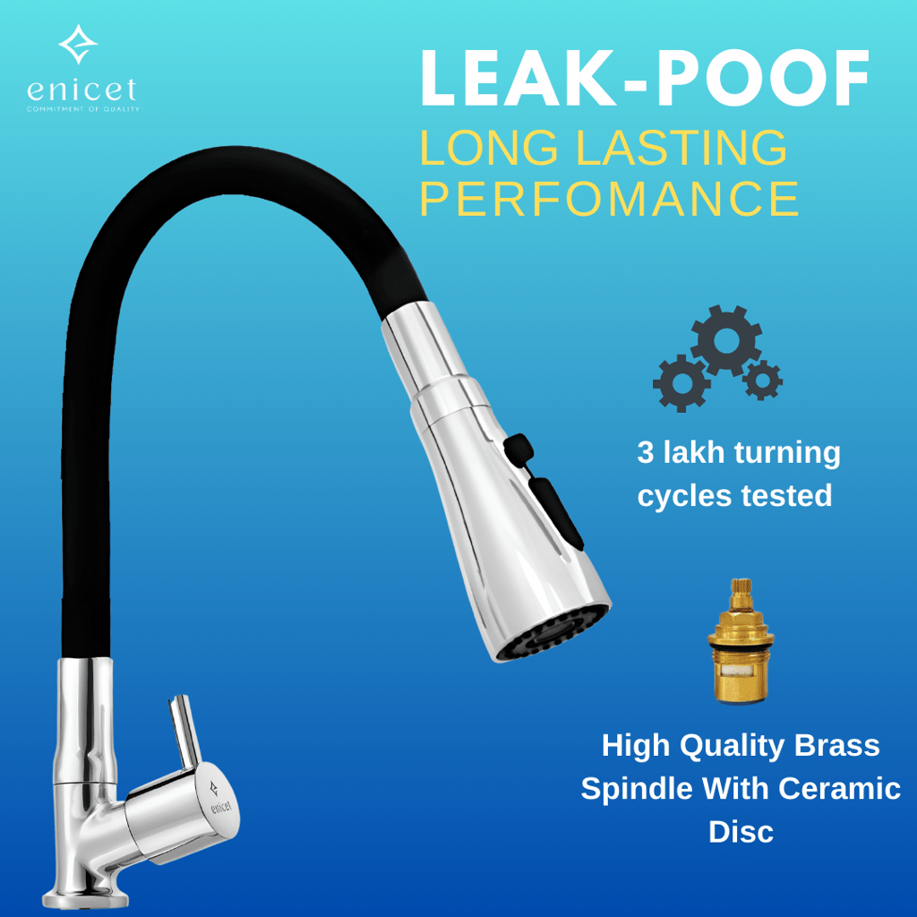 Enicet 3 Flow Sink Tap With Flexible Spout, Brass Build, Swinging Spout, Sink Tap for Kitchen
