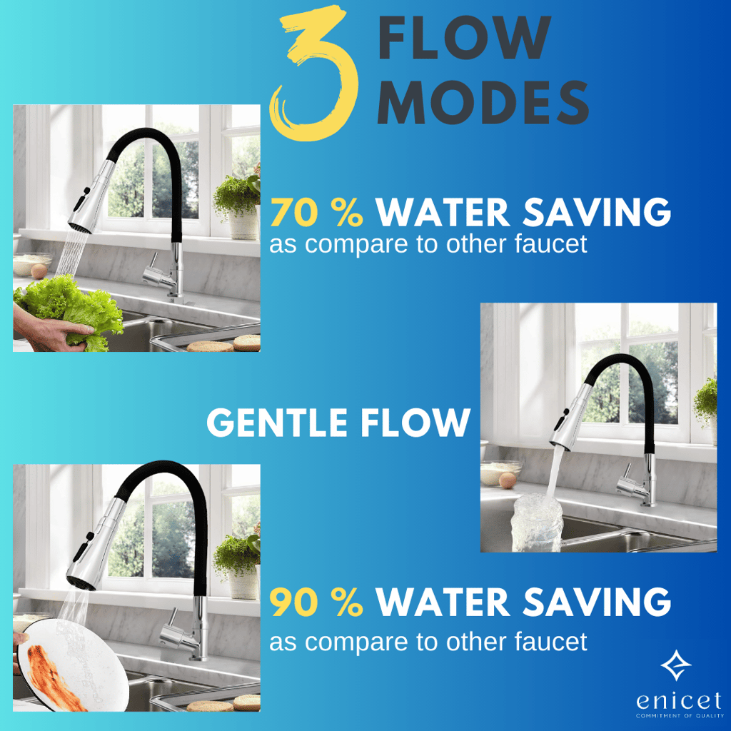 Enicet 3 Flow Sink Tap With Flexible Spout, Brass Build, Swinging Spout, Sink Tap for Kitchen