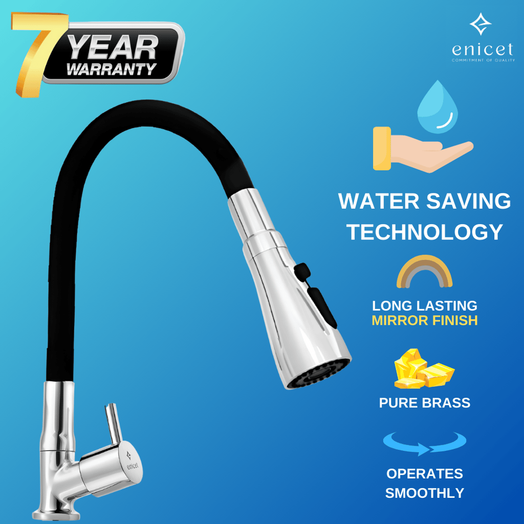 Enicet 3 Flow Sink Tap With Flexible Spout, Brass Build, Swinging Spout, Sink Tap for Kitchen