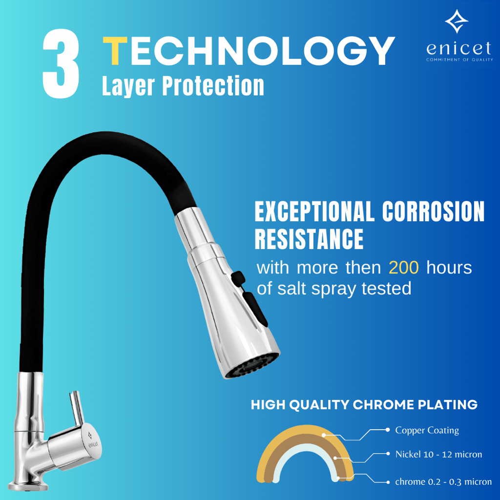 Enicet 3 Flow Sink Tap With Flexible Spout, Brass Build, Swinging Spout, Sink Tap for Kitchen