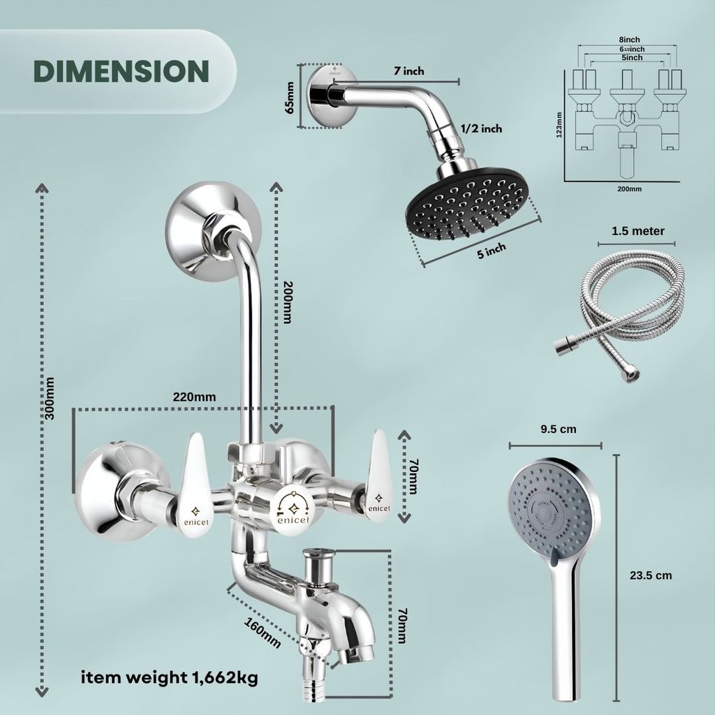 Enicet 3 in1 Wall Mixer with Overhead Shower and Handshower, Brass Build, Chrome Plated, 3 Function Handshower