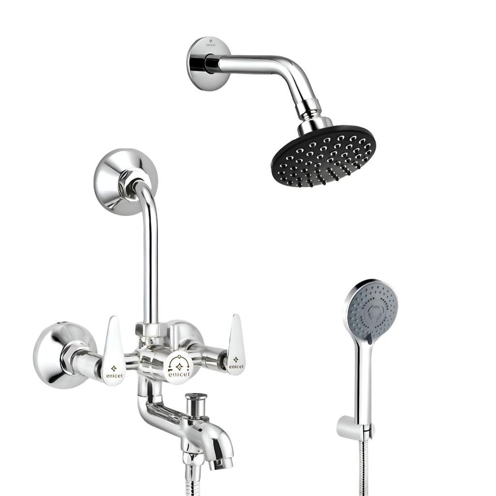 Enicet 3 in1 Wall Mixer with Overhead Shower and Handshower, Brass Build, Chrome Plated, 3 Function Handshower