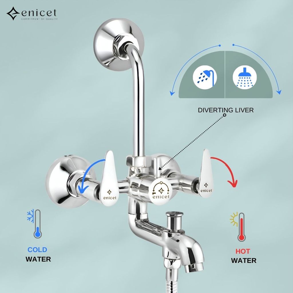 Enicet 3 in1 Wall Mixer with Overhead Shower and Handshower, Brass Build, Chrome Plated, 3 Function Handshower