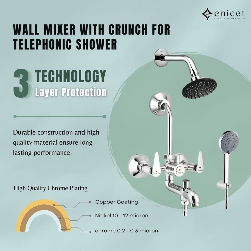 Enicet 3 in1 Wall Mixer with Overhead Shower and Handshower, Brass Build, Chrome Plated, 3 Function Handshower