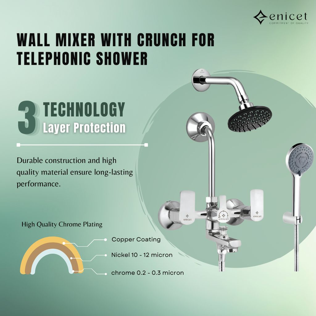 Enicet 3 in1 Wall Mixer with Overhead Shower and Handshower, Brass Build, Chrome Plated, 3 Function Handshower