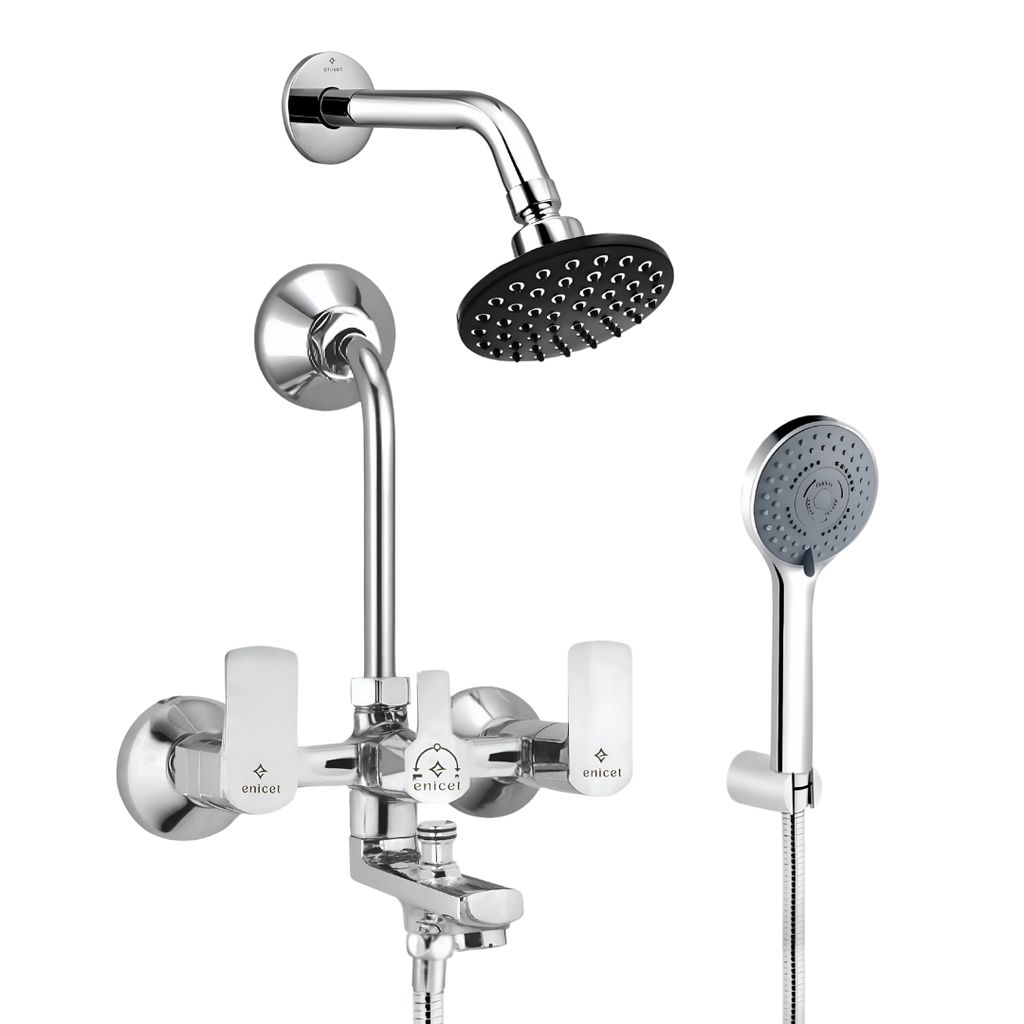 Enicet 3 in1 Wall Mixer with Overhead Shower and Handshower, Brass Build, Chrome Plated, 3 Function Handshower