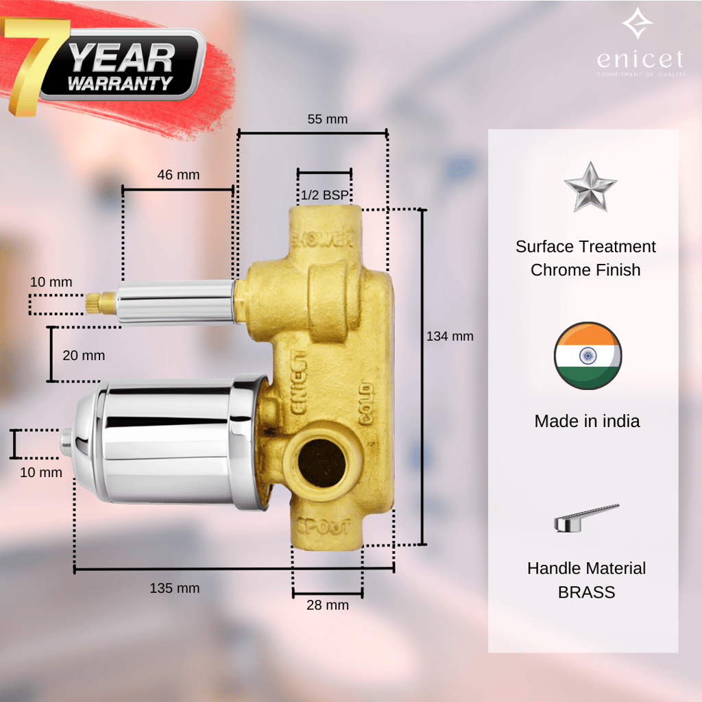 Enicet high flow diverter with concealed body and upper parts set, Brass build, Diverter for bathroom, Hot and cold water mixer