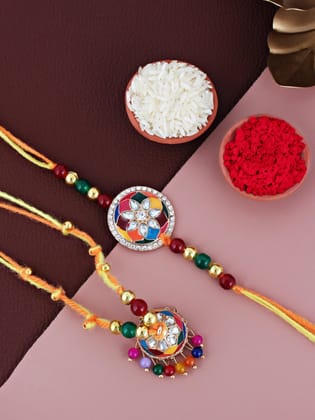 Lucky Jewellery Designer Gold Plated Multi Meena Stone Rakhi - Rakshabandhan Rakhee with Tasseled Lumba Bracelet for Brother Bhaiya Bhai Bhabhi - Pack of 2 (325-CHCR1-1152-MT-2)