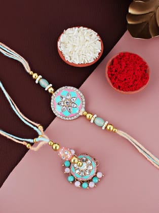 Lucky Jewellery Designer Gold Plated Pink and Mint Meena Stone Rakhi - Rakshabandhan Rakhee with Tasseled Lumba Bracelet for Brother Bhaiya Bhai Bhabhi - Pack of 2 (325-CHCR1-1152-PKMNT-2)