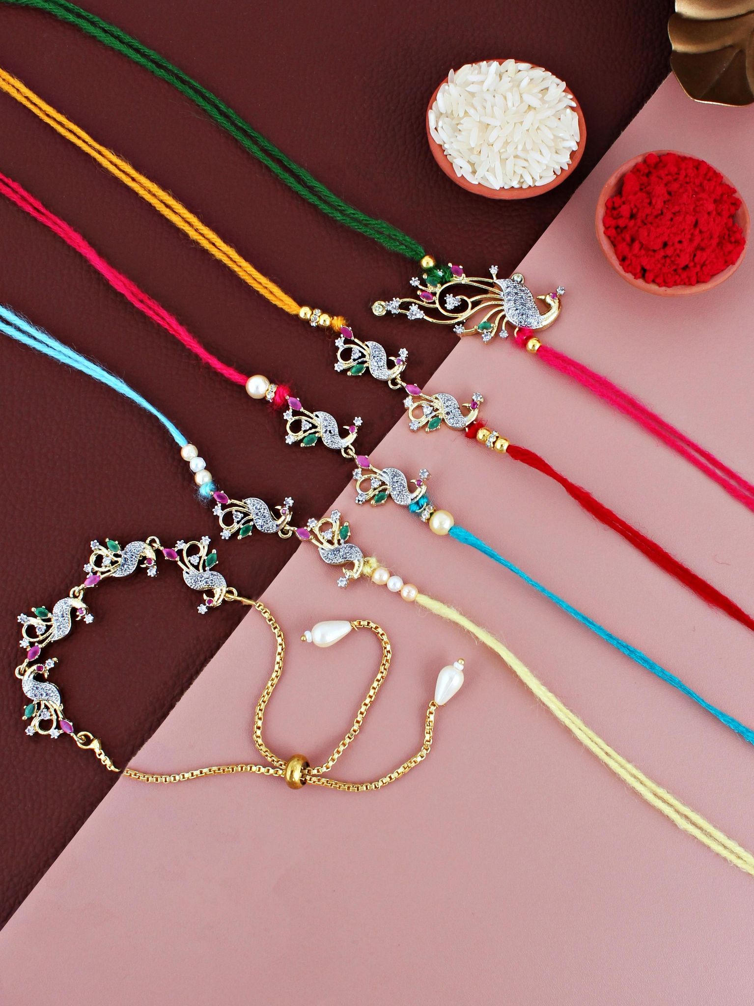 Lucky Jewellery Designer Gold Plated American Diamond (AD) Stone Rakhi - Rakshabandhan Peacock Design Rakhee Lumba Bracelet with Pull Chain for Brother Bhaiya Bhai Bhabhi - Pack of 5 (680-P4R1-1544-5)