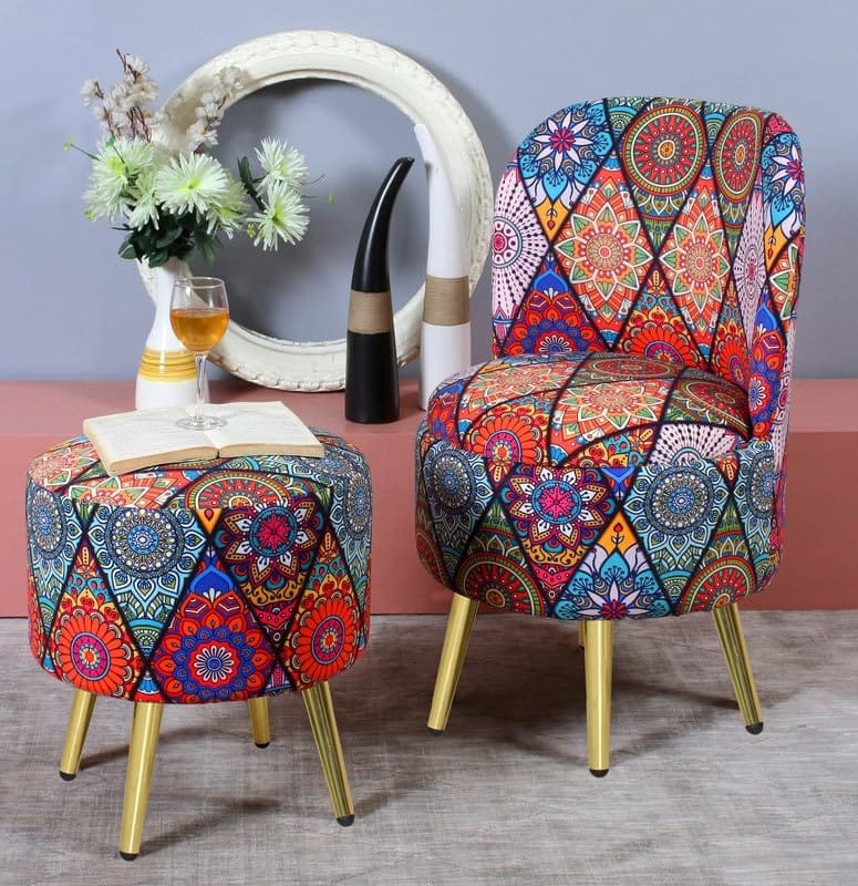 Shadowkart Ottomans Stool for Living Room | Pouffe for Sitting Printed Ottoman | Foot Rest Wooden Ottoman Foot Puffy Stool | Make up Dressing Side Table & Decoration, Combo 17/32 Inch Height