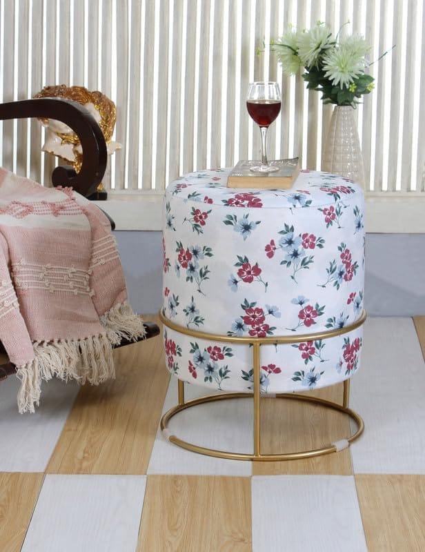 Shadowkart Ottoman Stool for Living Room | Metal Pouffes for Sitting Printed Ottoman | Foot Rest Wooden Ottoman Foot stools | Make up Dressing Side Table, 17 Inch Height