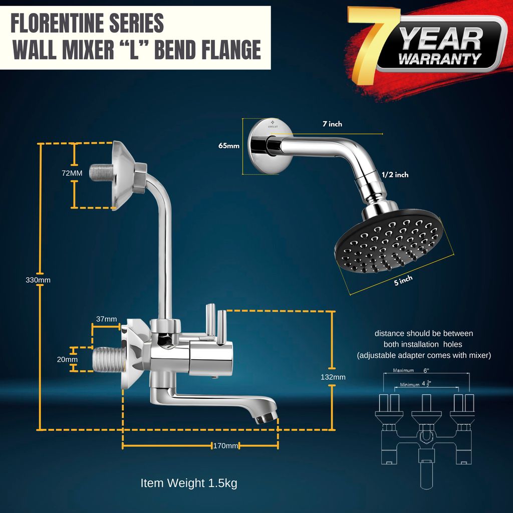 Enicet Brass Wall Mixer with Overhead Shower, Chrome plated, 2 in 1 wall mixer, hot and cold water mixer tap for bathroom