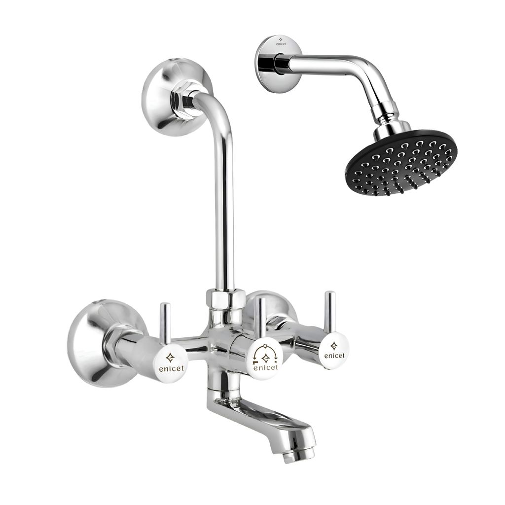 Enicet Brass Wall Mixer with Overhead Shower, Chrome plated, 2 in 1 wall mixer, hot and cold water mixer tap for bathroom