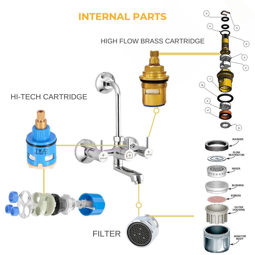 Enicet Brass Wall Mixer with Overhead Shower, Chrome plated, 2 in 1 wall mixer, hot and cold water mixer tap for bathroom