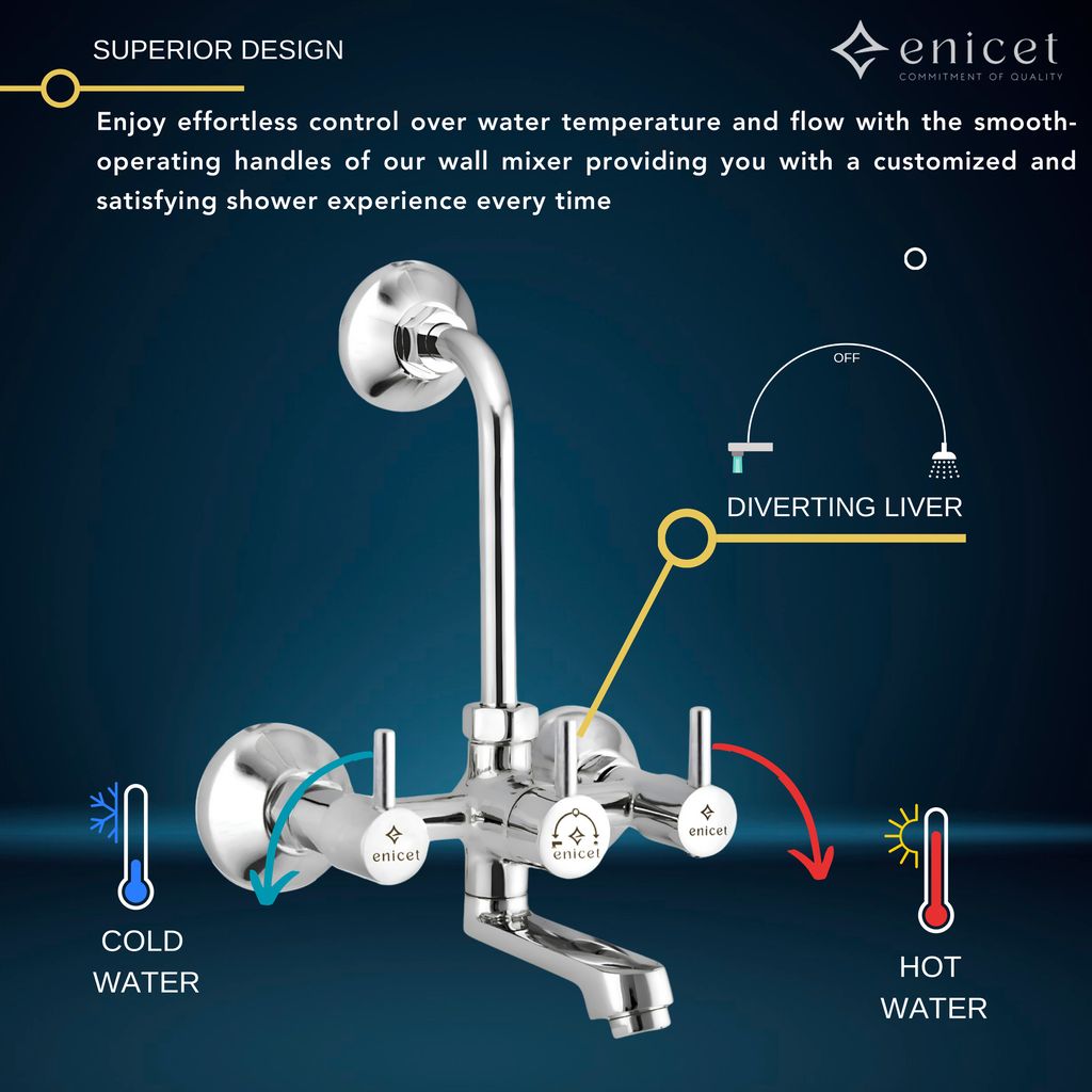 Enicet Brass Wall Mixer with Overhead Shower, Chrome plated, 2 in 1 wall mixer, hot and cold water mixer tap for bathroom