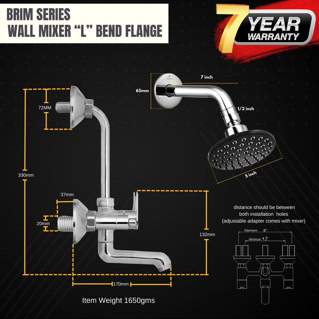 Enicet Brass Wall Mixer with Overhead Shower, Chrome plated, 2 in 1 wall mixer, hot and cold water mixer tap for bathroom