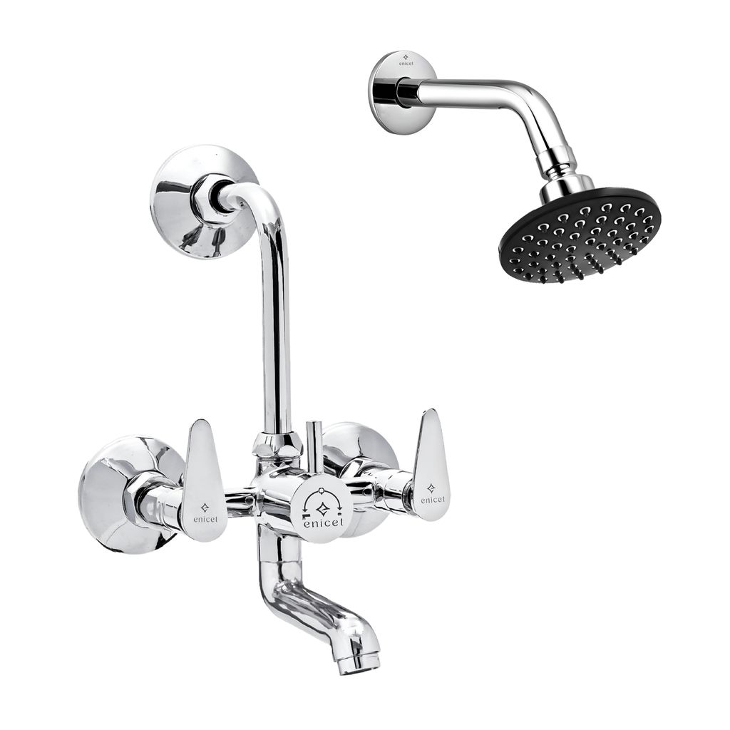 Enicet Brass Wall Mixer with Overhead Shower, Chrome plated, 2 in 1 wall mixer, hot and cold water mixer tap for bathroom