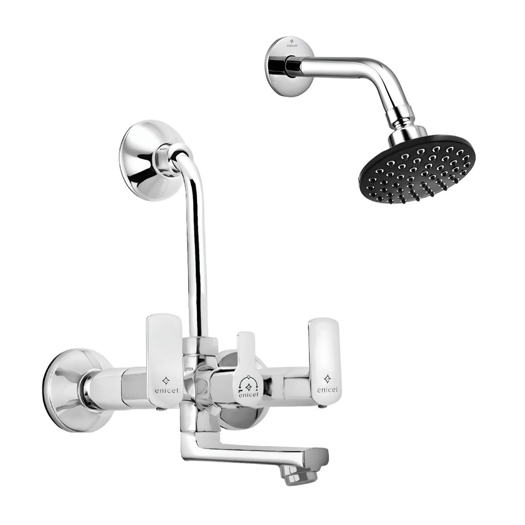 Enicet Brass Wall Mixer with Overhead Shower, Chrome plated, 2 in 1 wall mixer, hot and cold water mixer tap for bathroom
