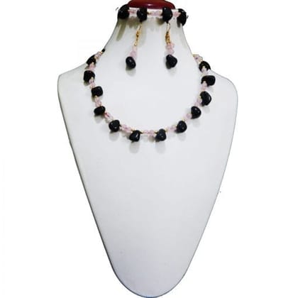 GEMSTONE ROSE QUARTZ & BLACK AGATE BEADS CHOKER