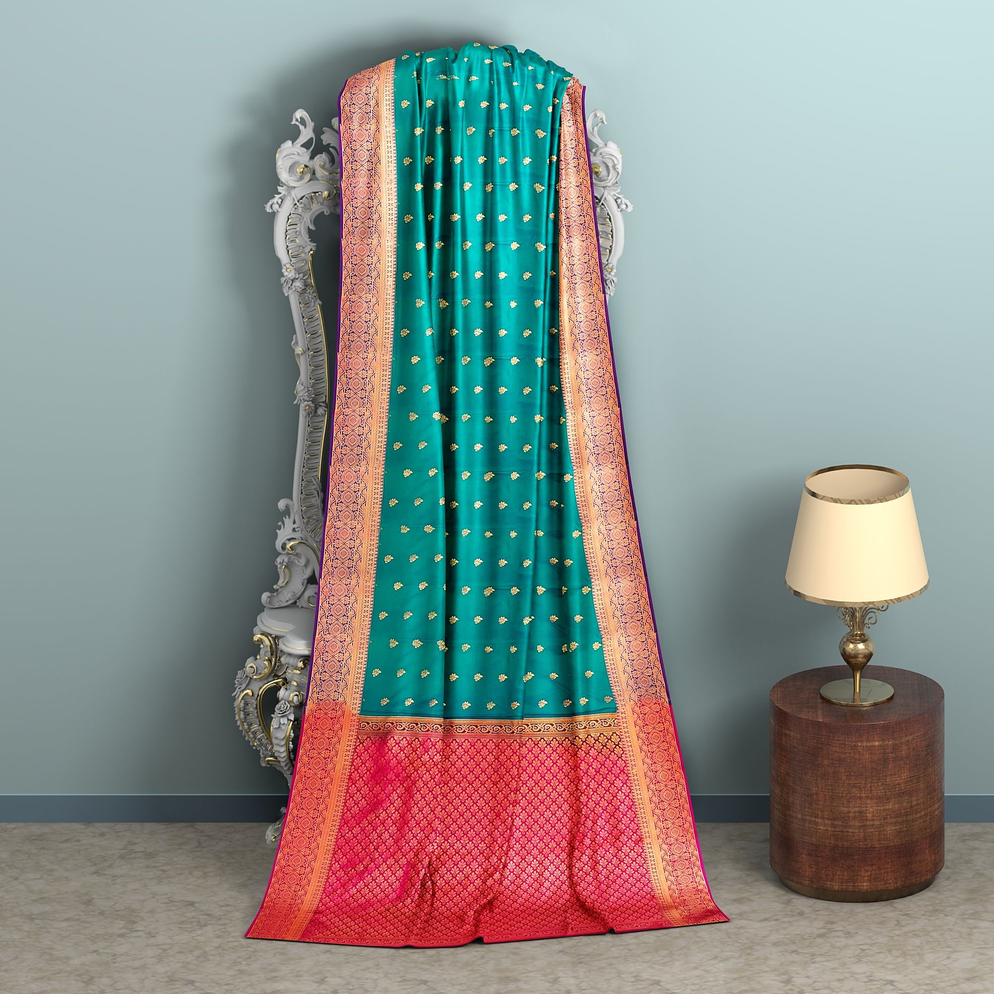 Greenish blue body with pink border 1000 buttas semi silk saree