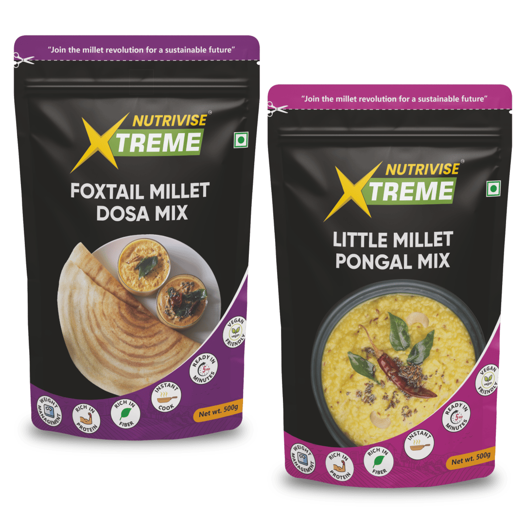 Nutrivise Xtreme Instant Mix Combo: Little Millet Pongal Mix|Foxtail Millet Dosa Mix|Instant Cook|Low GI|Rich in Protein & Fiber|500g each(Pack of 2)