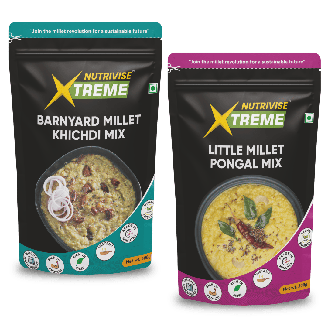 Nutrivise Xtreme Instant Mix Combo: Little Millet Pongal Mix|Barnyard Millet Kichidi Mix|Instant Cook|Low GI|Rich in Protein & Fiber|500g each(Pack of 2)