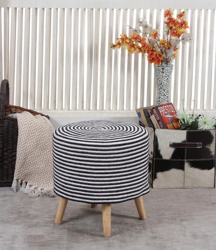 ShadowKart Jute Pouffes Sitting Stool for Living Room Puffy Wooden Ottoman Stools Cotton Knitted Pouf Footstool for Office Home Decor, 42x42x43Cm