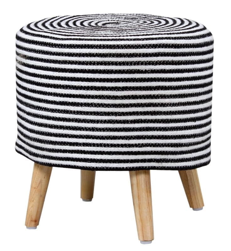 ShadowKart Jute Pouffes Sitting Stool for Living Room Puffy Wooden Ottoman Stools Cotton Knitted Pouf Footstool for Office Home Decor, 42x42x43Cm