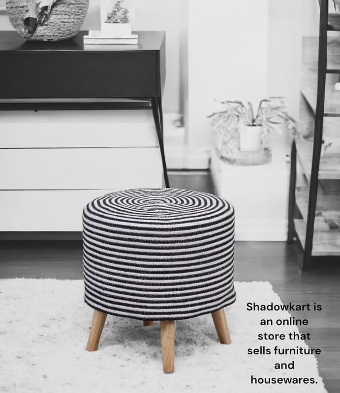 ShadowKart Jute Pouffes Sitting Stool for Living Room Puffy Wooden Ottoman Stools Cotton Knitted Pouf Footstool for Office Home Decor, 42x42x43Cm