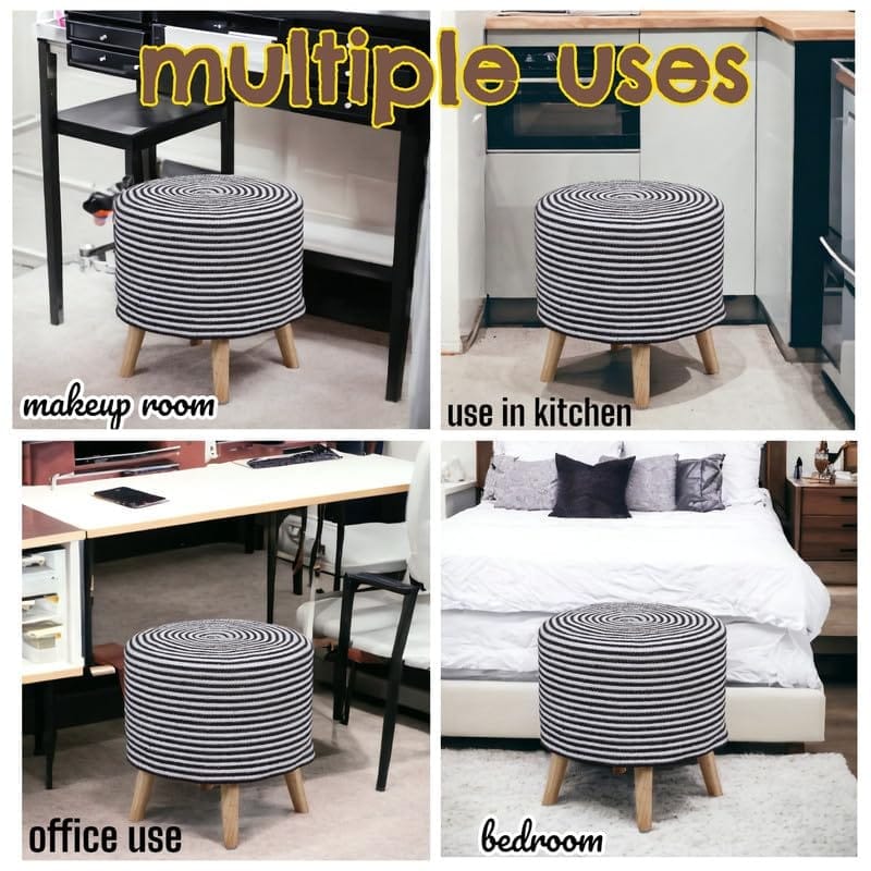 ShadowKart Jute Pouffes Sitting Stool for Living Room Puffy Wooden Ottoman Stools Cotton Knitted Pouf Footstool for Office Home Decor, 42x42x43Cm