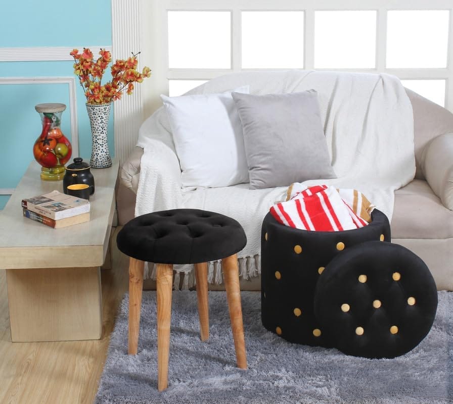 Shadowkart Pouffes Sitting Stool for Living Room, Make up Table Mudda Puffy Wooden Ottoman Stools, Pouffe Footstool for Room Decoration & Dressing Table Storage Drum, 16x16x18 Inch