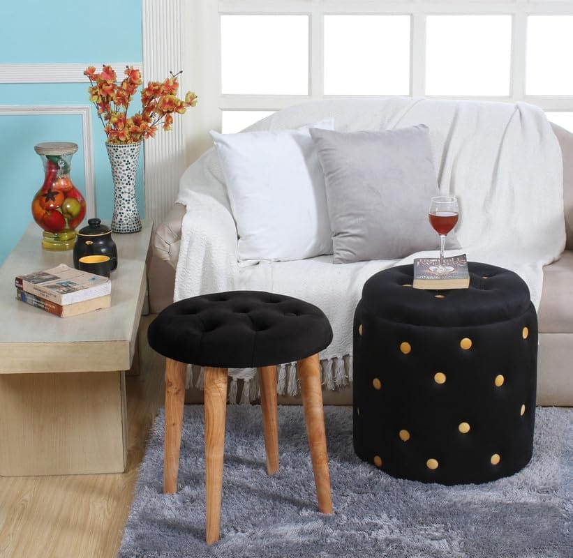 Shadowkart Pouffes Sitting Stool for Living Room, Make up Table Mudda Puffy Wooden Ottoman Stools, Pouffe Footstool for Room Decoration & Dressing Table Storage Drum, 16x16x18 Inch