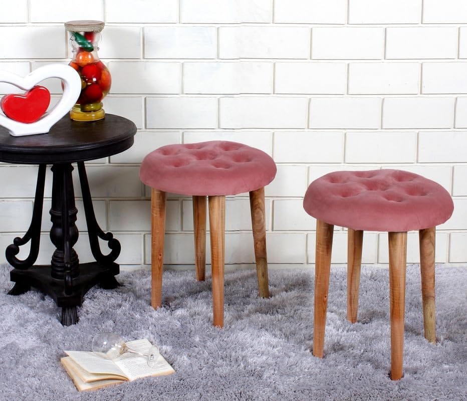 Shadowkart Pouffes Sitting Stool for Living Room, Make up Table Mudda Puffy Wooden Ottoman Stools, Pouffe Footstool, Pouf for Office Home Decoration & Dressing Table, 19x19x19 Inch, Pack of 2