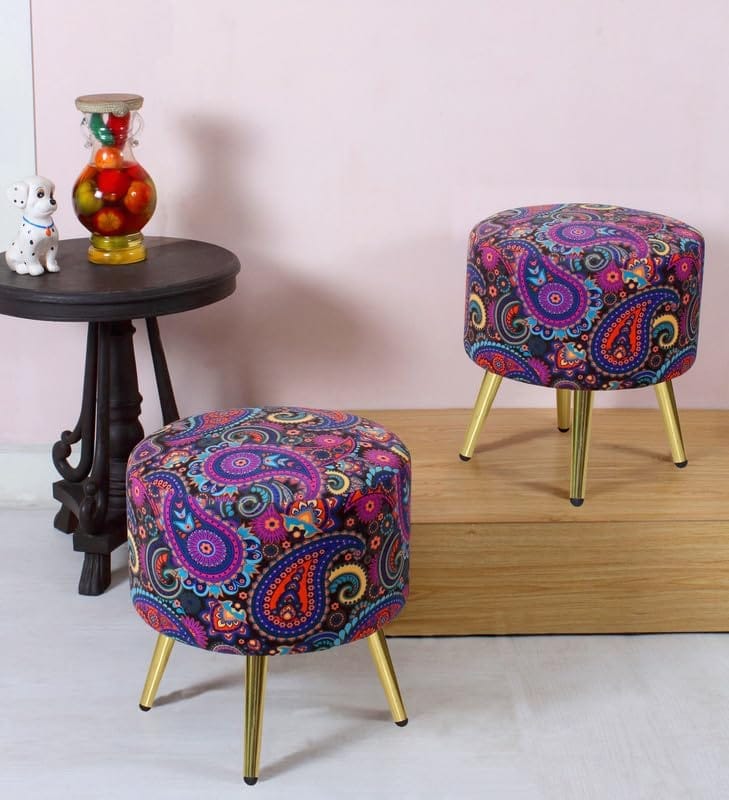 Shadowkart Ottomans Stool for Living Room | Pouffe for Sitting Printed Ottoman | Foot Rest Wooden Ottoman Foot Puffy Stool | Make up Dressing Side Table & Decoration, Combo 17 Inch Height,