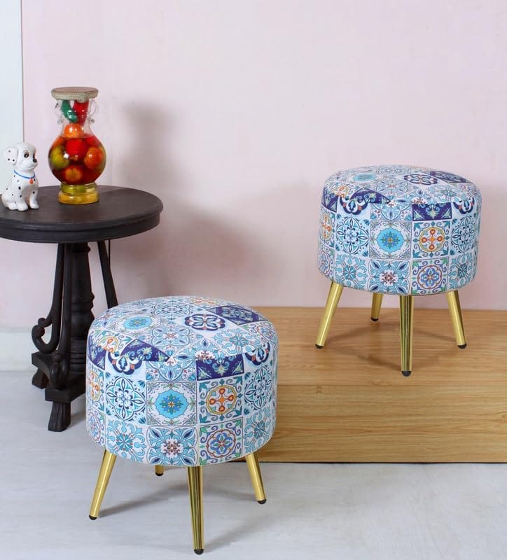 Shadowkart Ottomans Stool for Living Room | Pouffe for Sitting Printed Ottoman | Foot Rest Wooden Ottoman Foot Puffy Stool | Make up Dressing Side Table & Decoration, Combo 17 Inch Height,