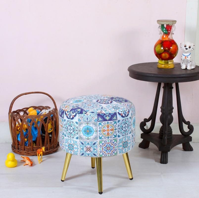 Shadowkart Ottoman Stool for Living | Pouffe for Sitting Printed Ottoman | Foot Rest Wooden Ottoman Foot Puffy Stool | Make up Dressing Side Table & Decoration, 17 Inch Height