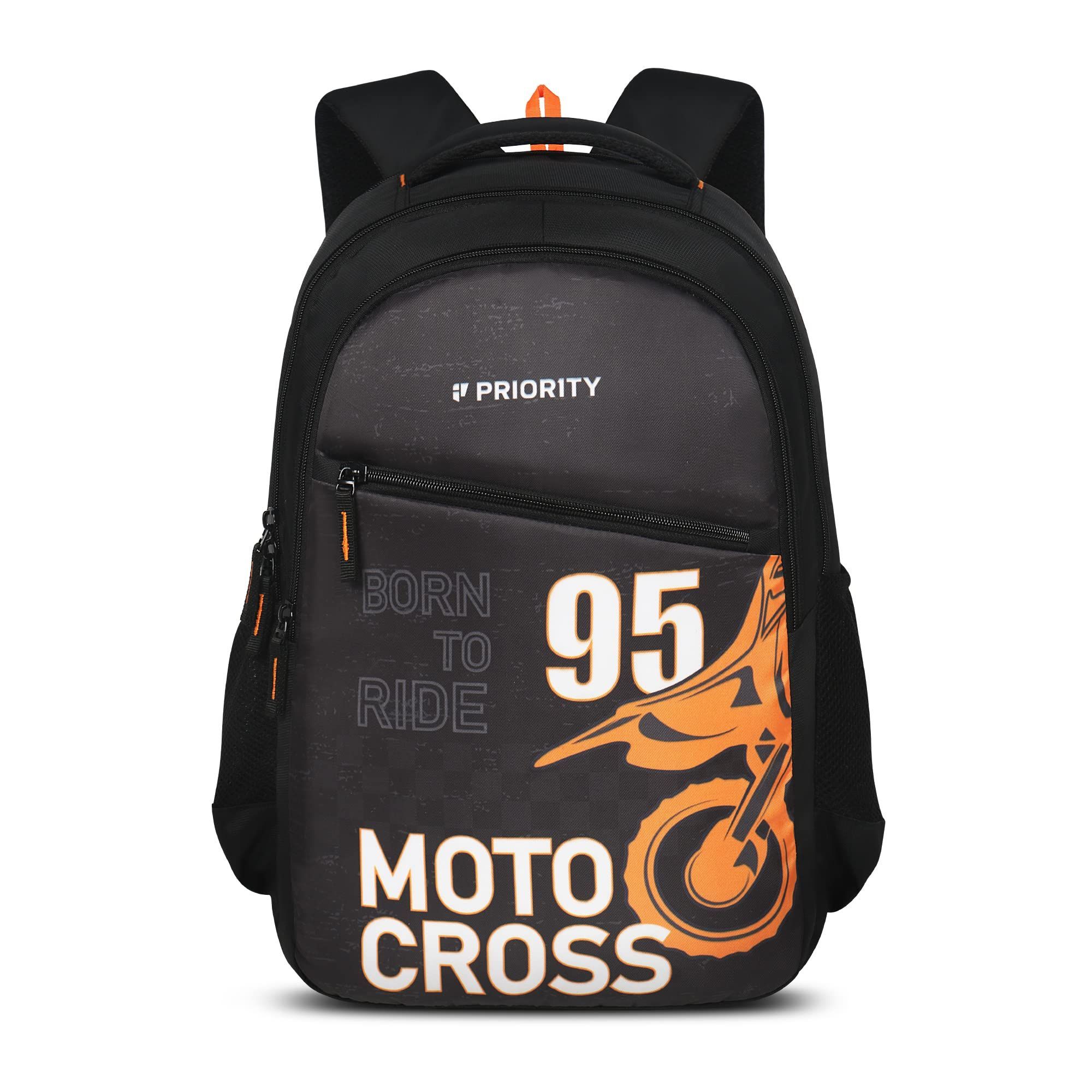 Priority Achiever 007 95 Moto Cross 35 Liters Black Stylish College Bag | Printed Backpack Unisex Bag for College Office Suitable for Men & Women (25891)